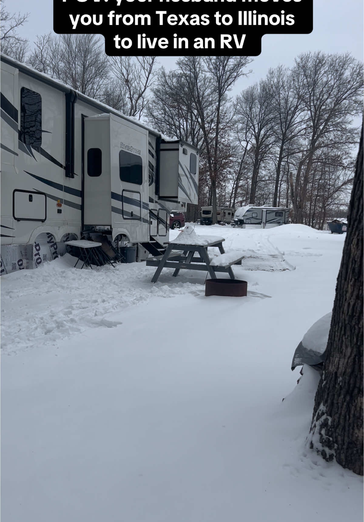 Definitely an adventure  #winter #snow #freezing #illinois #rvlife #rvliving #rvlifestyle #rvtiktok #traveltiktok #traveling #camper #riverstone 