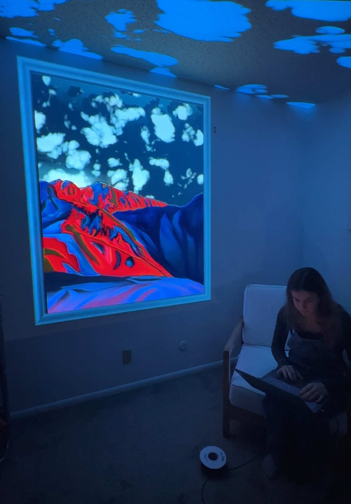 Projection Mapping my latest artwork: Alyeska⛰️ - Acrylic on canvas 152x121cm  Visual Animation made using @adobevideo and kaiber ai  Projection software is MadMapper 👩‍💻 Projector is my trusty Optoma short throw 4000 lumens📽️ #mapping #projectionmapping #projector #visuals #immersive #design #studio #digitalart #creativeprocess 