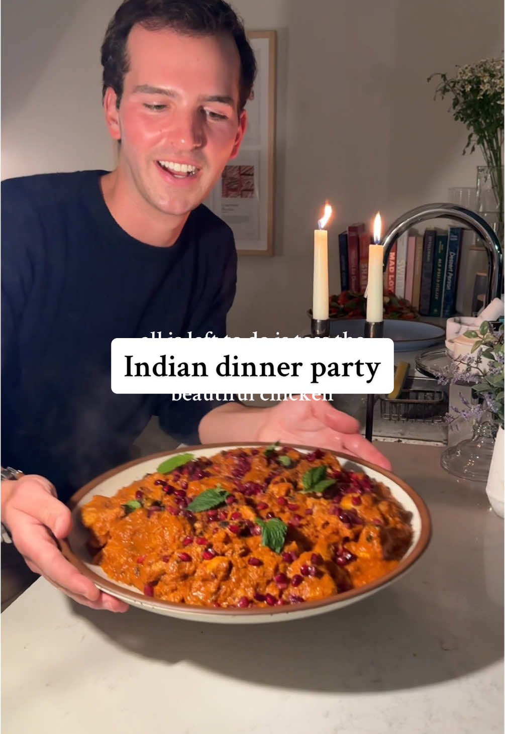 indian themed dinner party 🕯 full recipes are on my website. Some recipes are also below. ruby chicken aka butter chicken 🥘 1. Marinate 2 pounds cubed chicken thighs in 1/2 cup greek yogurt, 2 tbsp ginger, 1 tbsp garlic, 2 tsp salt, 2 tsp lime juice over night.  2. In a pot, heat 1/4 oil over medium heat. Drop in 2 bay leaves, 2 cinnamon sticks, 6 cardamom pods, 2 tbsp garlic and ginger. Then add 24 oz can @centofinefoods or @muttipomodorousa tomato puree. Cook for 30 minutes. Then stir in 4 tbsp butter, 1/4 cup cream. Season with salt.  3. Broil chicken on a foil lined tray for about 10 minutes stirring occasionally until charred and cooked through. Drop into sauce.  chai latte cake ☕️ 1. Brown 1 stick of butter over medium high heat. Then add 2 tbsp @diasporaco or @burlapandbarrel masala chai, 2 tsp espresso powder.  2. Beat in 3/4 cup light brown sugar, then 2 eggs, 1/4 cup greek yogurt, 3/4 cup milk.  3. Fold in 1 tsp salt, 2 tsp baking powder, 1/2 tsp baking soda, 3/4 cup almond flour, 1 1/2 cup all purpose flour.  4. Add to a greased 9 inch cake pan and bake at 350F for 30 minutes.  5. Beat 1 1/2 cups heavy cream with 3 tbsp milk powder, 1/2 tsp salt, 1/4 powdered sugar. Top the cake when it’s cool.  kachumber 🥒 1. Slice cucumbers and tomatoes. Take the seeds out if you wish. Season with salt in a bowl. Let sit for 30 minutes. Drain. Season with lime juice, tamarind (optional), cilantro, and mint.  . . . #Recipe #viral #privatechef #aesthetic #indian #cookbook #indianfood #newyorkfood #dishoom #nyc #newyork #butterchicken #chickenrecipe #chicken #nycfoodie #nycfoodblogger #nycfood #creator #dinnerparty #feast #biryani #cake #chai #latte #cakerecipe  