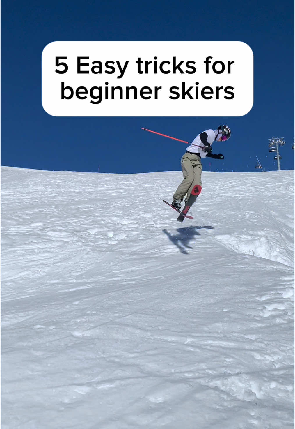 5 Easy tricks for beginner skiers!🤙🎿 What do you want a tutorial for? 1 - Ollie, different method of jumping to a pop using the flex in the tail of the ski to spring up.☄️ 2 - Shifty, a twist of the skis  to the side in the air, returning neutral before landing.🙏 3 - 180, a half spin rotation landing switch.🤙 4 - Daffy, one ski forward one ski backward in a split motion mid air.💪 5 - Kosak, midair the legs split to the sides and the poles are thrust underneath you.🔥 Like and Follow for part 2 #skiing #freestyleskiing #beginnerski #skiingtiktok #skitok #skitiktok #skitricks 