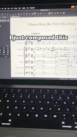 I composed this. Any ideas for a title? Btw this is a rough draft. I just put this together and when it's released it will be much prettier and put together. I made this with @MuseScore  #composer #violin #viola #cello #contrabass #orchestra #strings #horn #brass #bandmusic #scorefollowervideo #madewithmusescorestudio 