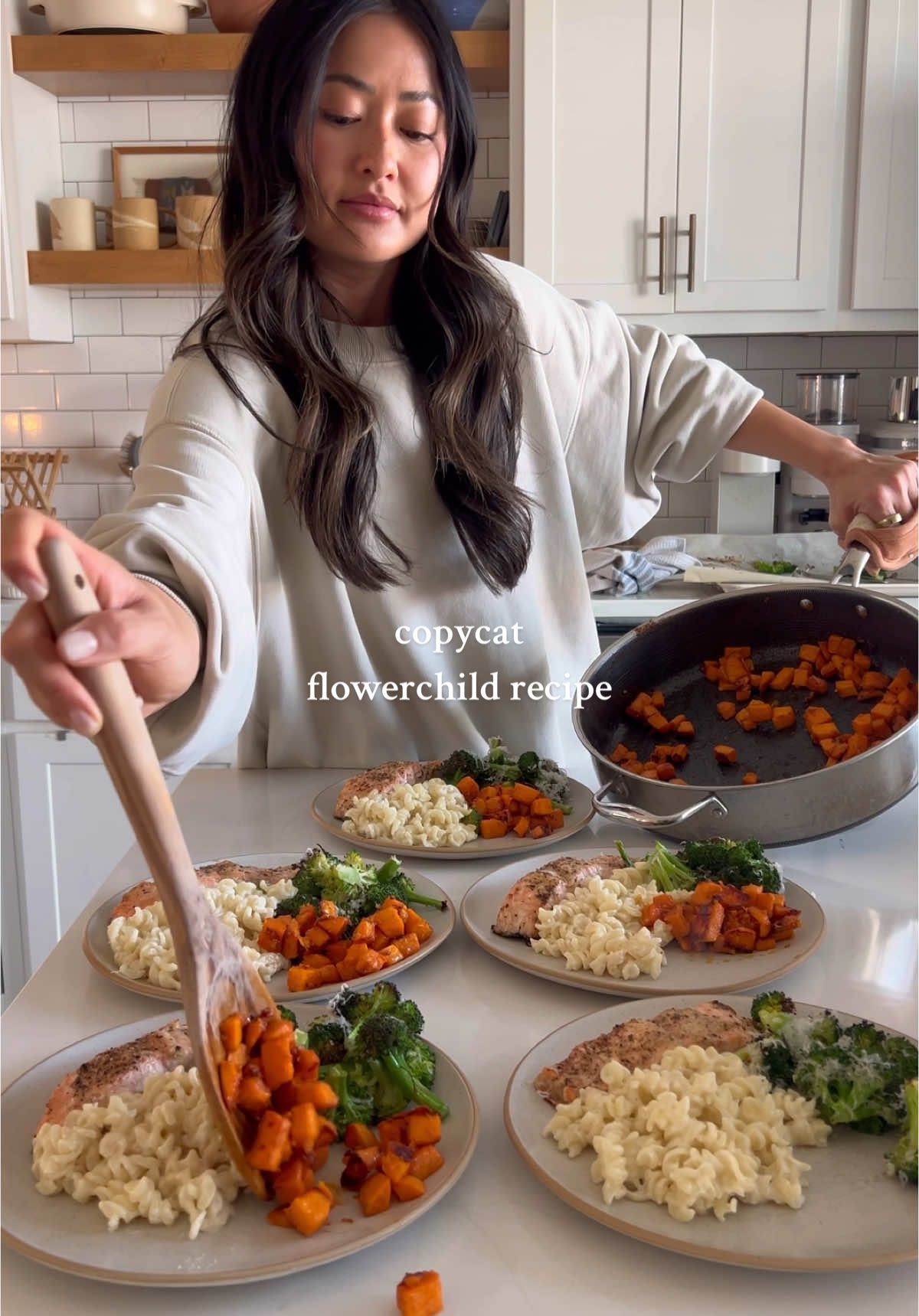 three sides with this entree: roasted salmon + parm brocc + gf mac & cheese + miso gochujang sweet potatoes 🌼 #flowerchild #flowerchildresturant #copycatsweetgreen #sweetgreen #copycatrecipes #takeoutathome 