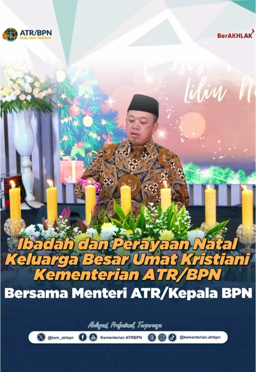 Halo #SobATRBPN, Kementerian ATR/BPN menyelengarakan Ibadah dan Perayaan Natal Tahun 2024 di Aula Prona, Kementerian ATR/BPN. Kegiatan ini dihadiri oleh Menteri ATR/Kepala BPN, Nusron Wahid.  Dalam sambutannya, Menteri ATR/Kepala BPN berharap agar Perayaan Natal membawa keberkahan bagi seluruh umat manusia di dunia.  Selengkapnya dapat disimak pada video berikut ya, Sob.  #IndonesiaLengkap #ATRBPNKiniLebihBaik #ATRBPNMajudanModern #MelayaniProfesionalTerpercaya