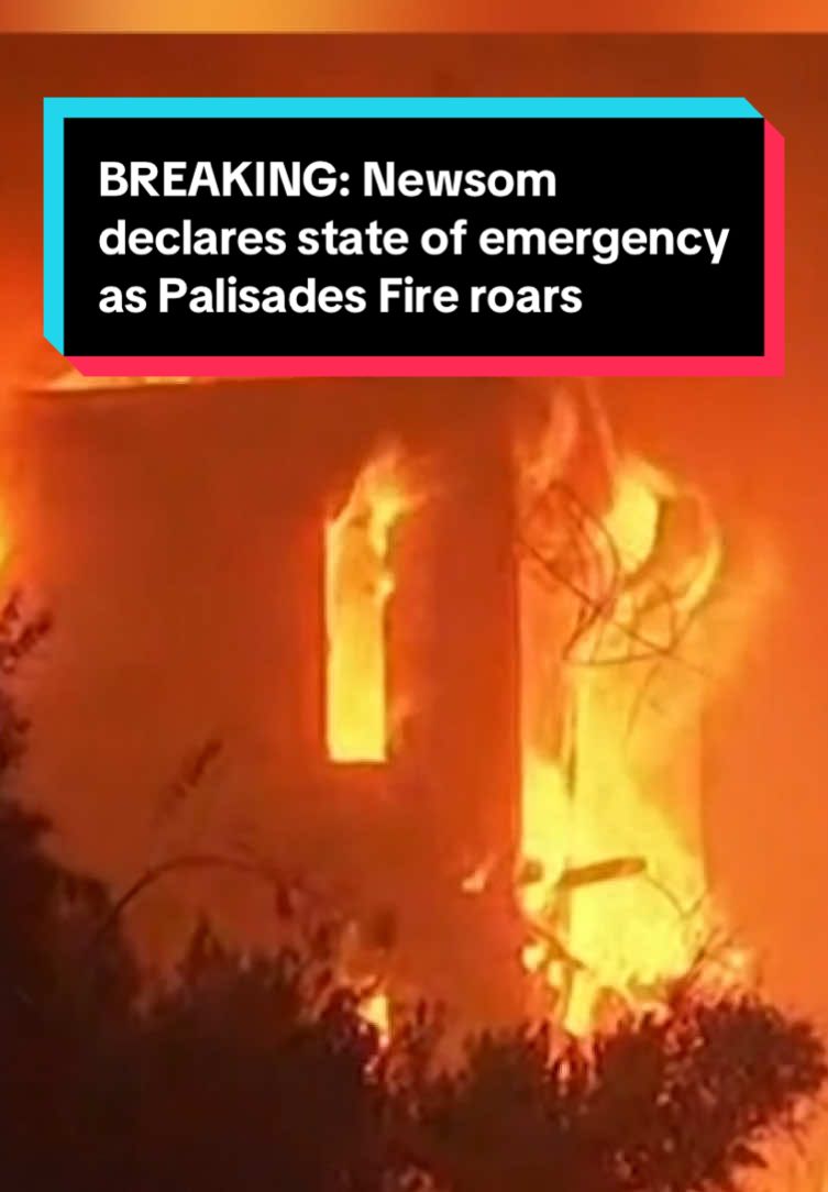 BREAKING: California Governor Gavin Newsom has declared a state of emergency as a wildfire burns out of control in the Pacific Palisades neighborhood of Los Angeles. The Palisades blaze has burned more than 2,900 acres. #california #fire #wildfire #palisades  