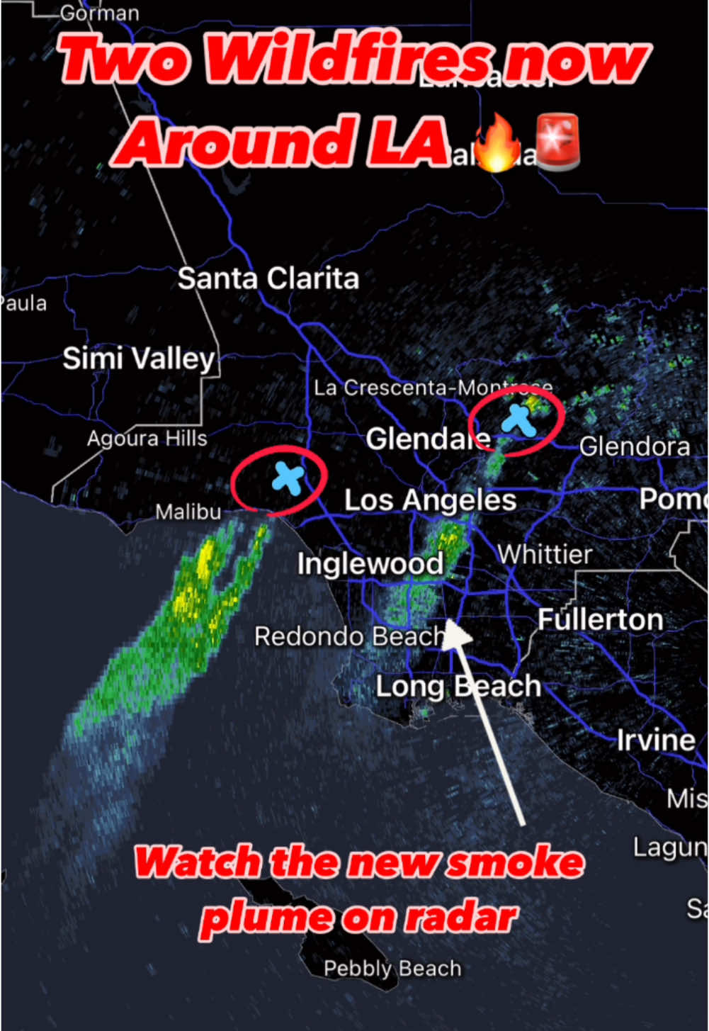 🚨 Two Wildfires Now Burning Near Los Angeles 🚨 The situation around Los Angeles continues to escalate as two wildfires are now active in the region. Radar imagery shows smoke plumes rising, with strong Santa Ana winds fueling the fires’ rapid spread. If you’re in the area, remain vigilant and follow evacuation orders from local authorities. Conditions are dangerous, and the threat is expected to continue into the coming days. Stay safe and stay informed! #CaliforniaWildfires #LA #SantaAnaWinds #BreakingNews #news #Update 