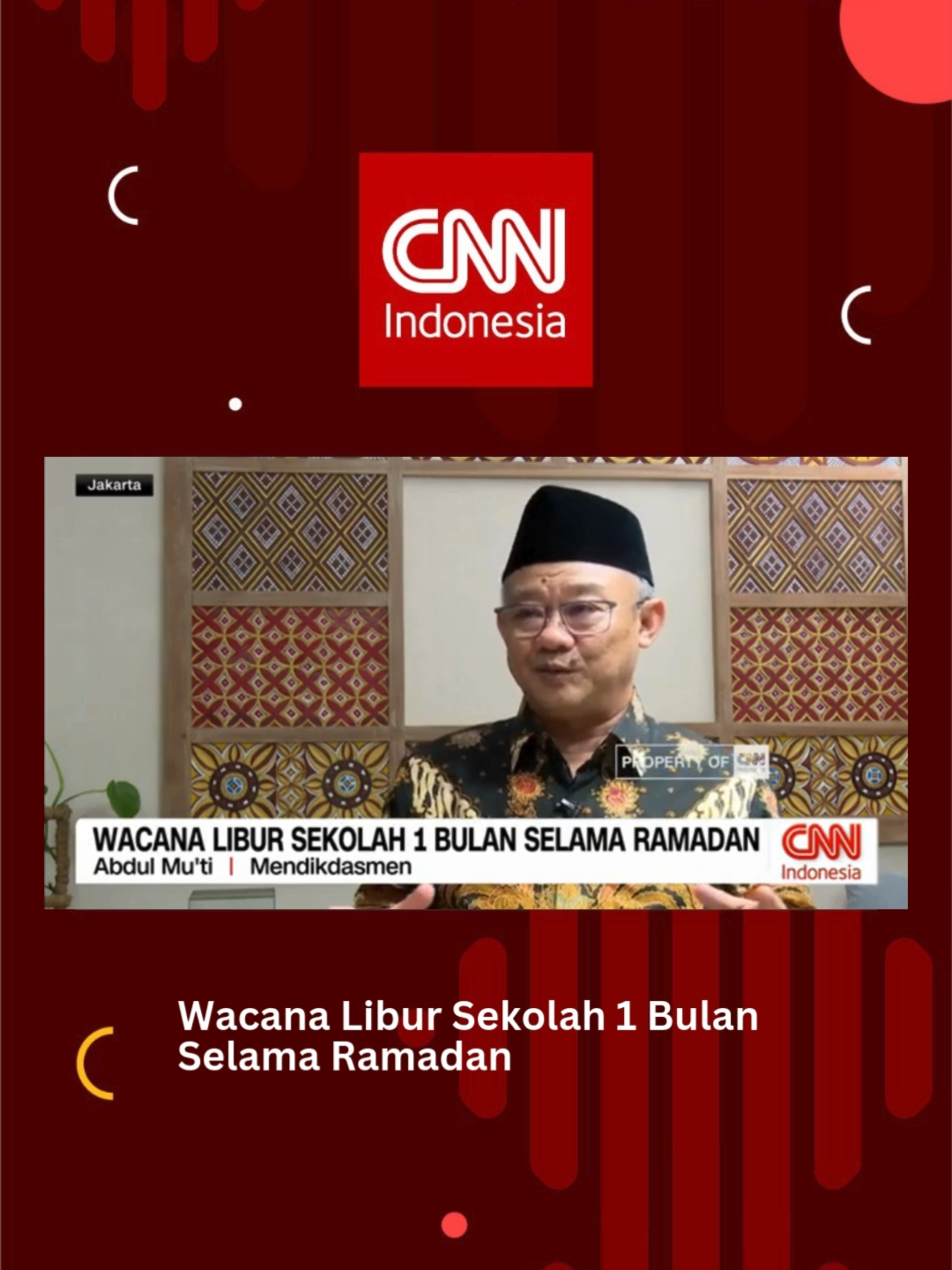 Menteri Pendidikan Dasar dan Menengah Abdul Mu'ti mengatakan, keputusan sekolah libur satu bulan pada Ramadan tahun ini, masih menunggu hasil rapat Kabinet.   Abdul Mu'ti menjelaskan, bahwa keputusan libur satu bulan selama ramadan,  harus terlebih dahulu dikoordinasikan dengan Kementerian terkait lainnya,  seperti Kementerian Agama dan Kementerian Dalam Negeri.Libur sekolah selama satu bulan akan diumumkan setelah ada keputusan dalam rapat Kabinet. #Mendikdasmen