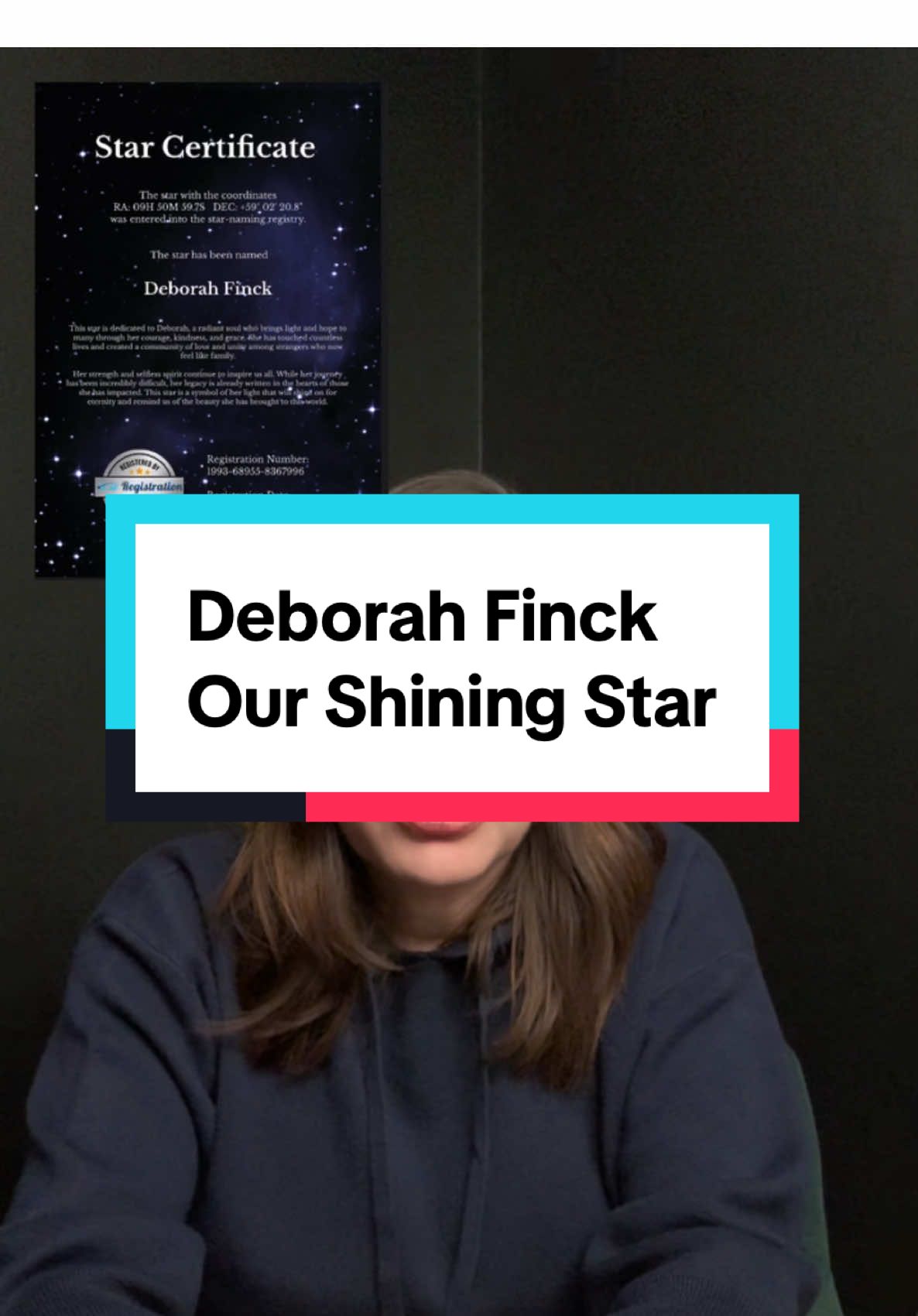 Deborah Finck has touched so many lives with her strength, grace, and unshakable spirit as she shares her cancer journey. She’s brought strangers together, creating a TikTok family united by her light and love. To honor Deborah, we’ve named a star after her—a symbol of her lasting legacy and the light she’s shared with all of us. Deborah, you’ve inspired us beyond words. Your TikTok family loves you, and you will forever be our shining star. 🌟 #DeborahFinck #ShiningStar #TikTokFamily #ThankYouDeborah #DeborahFinckStar #deborahfinckmovement  @Deborah Finck @Paul Finck | Biz Strategist @Beanie and Katerina 