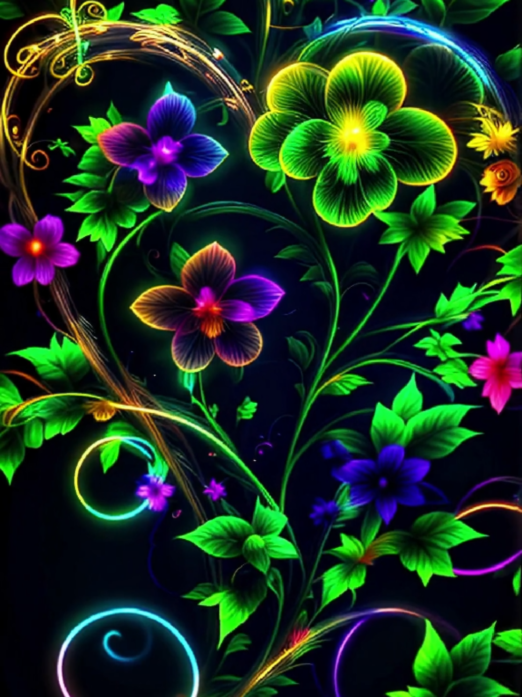 A radiant heart wrapped in neon vines, adorned with glowing flowers in vivid green, purple, and yellow hues. The vines elegantly twist around the heart, with each blossom softly pulsing light, creating a harmonious blend of nature and neon. Perfect for celebrating Valentine's Day with a modern, luminous twist. #livewallpaper #neonheart #glowingflowers #neonvines #dynamicdesign #vibrantvisuals #4kwallpapers #aiwallpapers #floralart #pulsinglight #futuristicdesign #ValentinesDay 