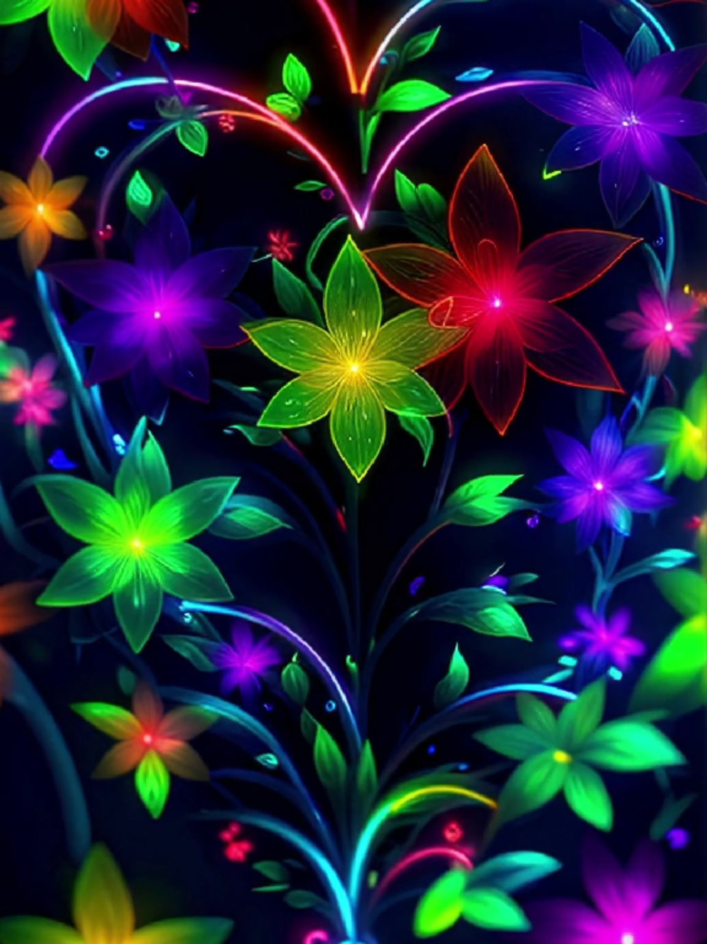 This heart-shaped design is enveloped by neon vines, featuring luminous flowers that emit a gentle, rhythmic glow. Bright greens, purples, and yellows combine to create a mesmerizing floral arrangement that pulses with life. A stunning choice for Valentine's Day, adding a vibrant, romantic touch to your screen. #livewallpaper #neonheart #neonflowers #vinesandblooms #dynamiclight #vibrantcolors #4kwallpapers #aiwallpapers #natureandneon #softglow #modernart #ValentinesDay 