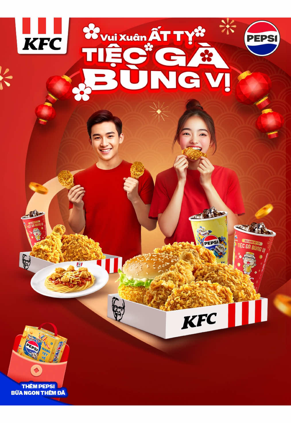 VUI XUÂN ẤT TỴ, TIỆC GÀ BÙNG VỊ PHẢI LÀ KFC   Trong không khí đón Tết rộn ràng, KFC xin chúc cả nhà 1 năm sung túc - thịnh vượng như mơ, phát tài - phát lộc như ý. Và không chỉ chúc bằng lời, KFC trao đến bạn chút lộc đầu năm qua loạt Combo Tết bùng vị, giảm sâu “bùng choáy