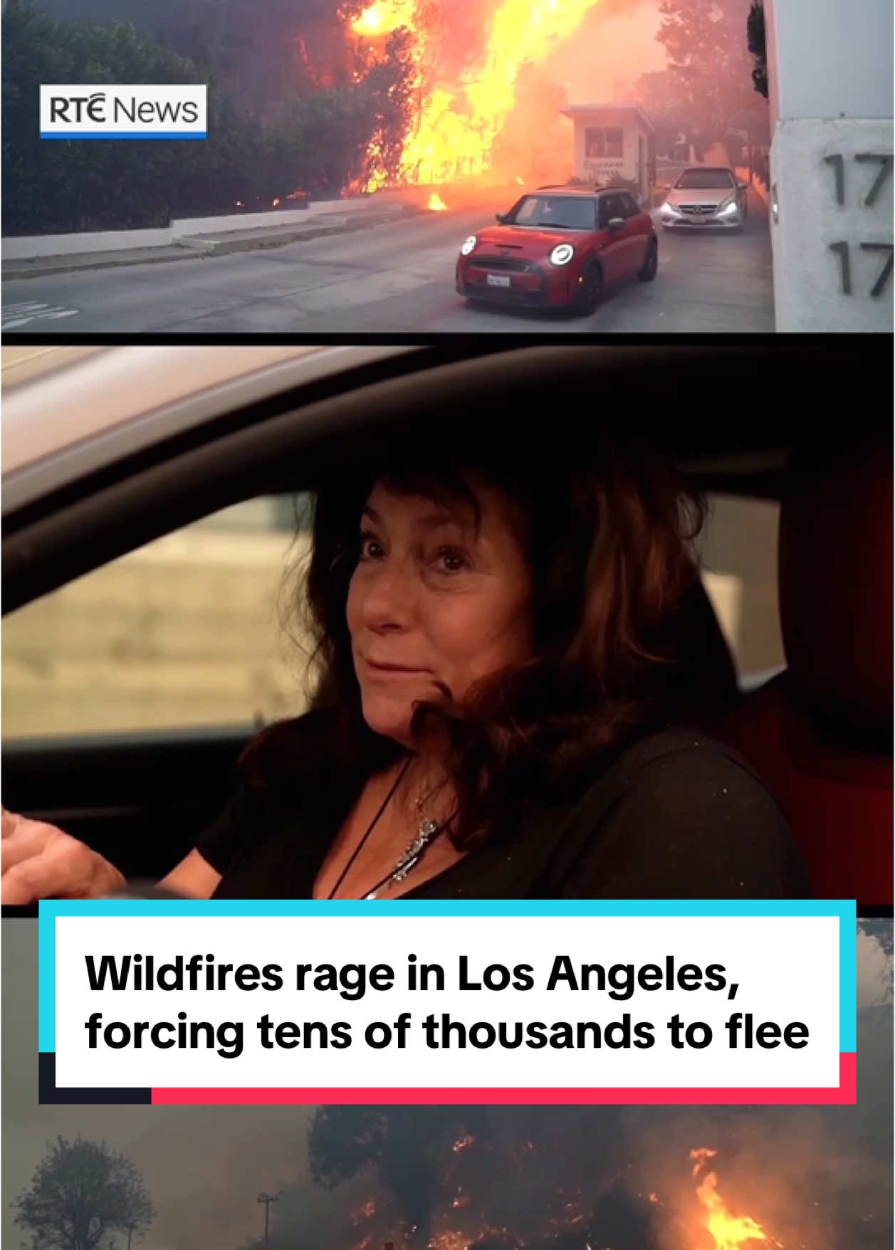 'Let's get out of here!' Fast-moving wildfires have broken out in the Pacific Palisades area of Los Angeles, forcing tens of thousands of people to abandon cars and evacuate their homes. Link in bio to read more📲 #rtenews #UnitedStates #LosAngeles #Palisades #California