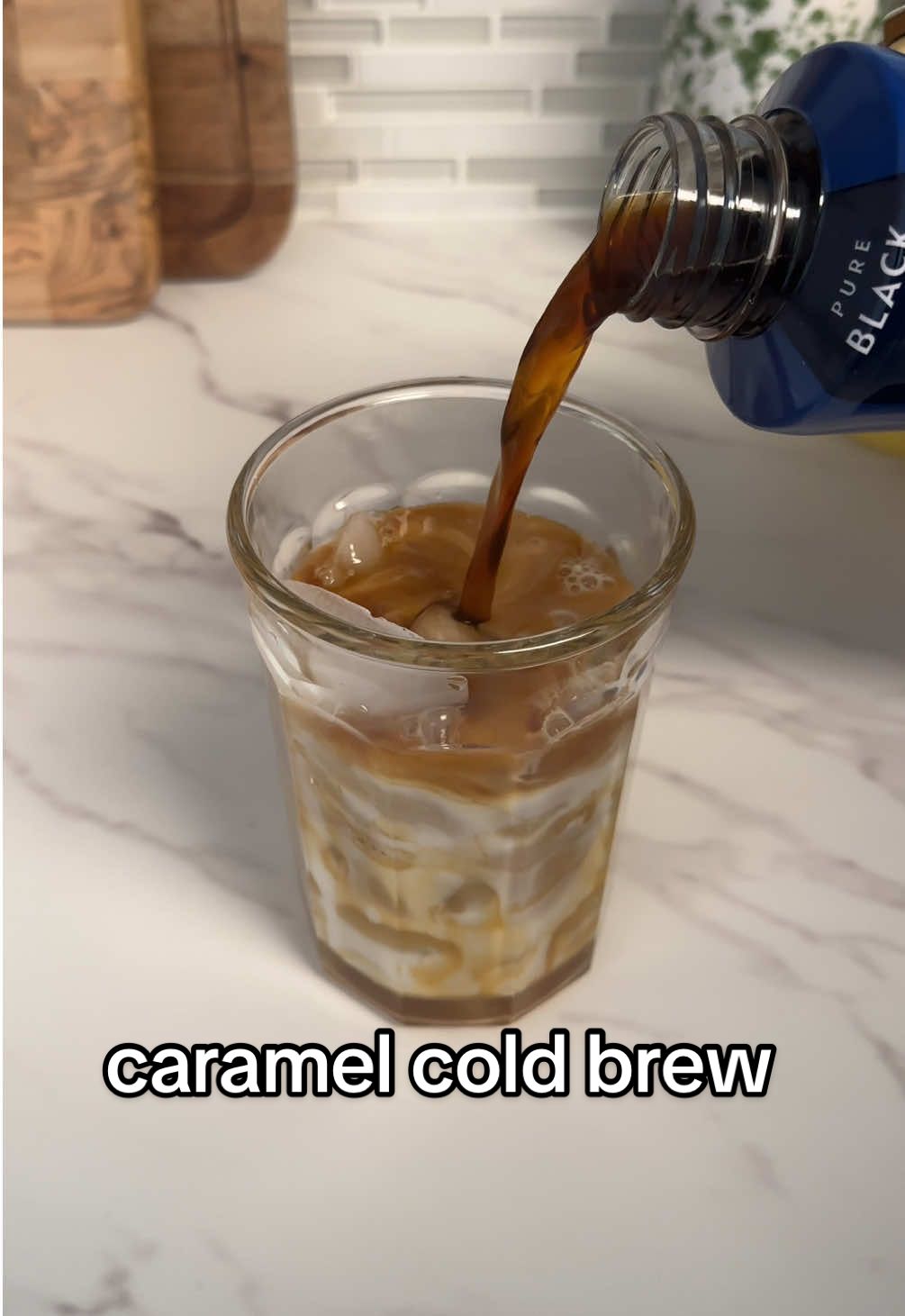 Today’s morning potion is a caramel cold brew. If you haven’t tried this, please do! It’s so delicious!  @La Colombe Coffee Roasters  Glass is from @crateandbarrel and it’s my favorite glass ever ever ever. I use it for everything!!