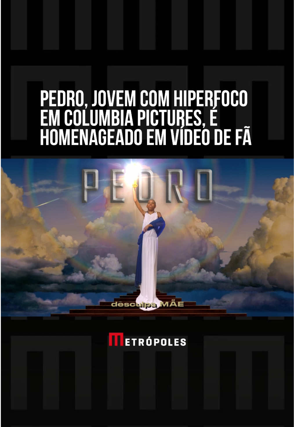 #Pedro, jovem que viralizou recentemente no TikTok após gravar vídeos recriando a abertura da #ColumbiaPictures, foi homenageado por um fã, que inseriu digitalmente sua imagem na #abertura original. O jovem Pedro é autista, e possui hiperfoco na abertura da #produtora.  Após a publicação do vídeo, a mãe de Pedro, responsável pelo perfil que publica os vídeos do jovem no TikTok, elogiando a homenagem: “Vocês arrebentaram, parabéns”, disse. #tiktoknotícias 📽️ @limazxm