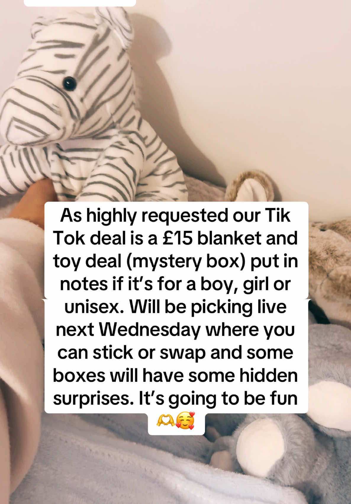 As highly requested our Tik Tok deal is a £15 blanket and toy deal (mystery box) put in notes if it’s for a boy, girl or unisex. Will be picking live next Wednesday where you can stick or swap and some boxes will have some hidden surprises. It’s going to be fun 🫶🥰 #fyp #mysterybox #mysterybundles #mysterybundle #luckydips #viraltiktokvideo #teamwork 