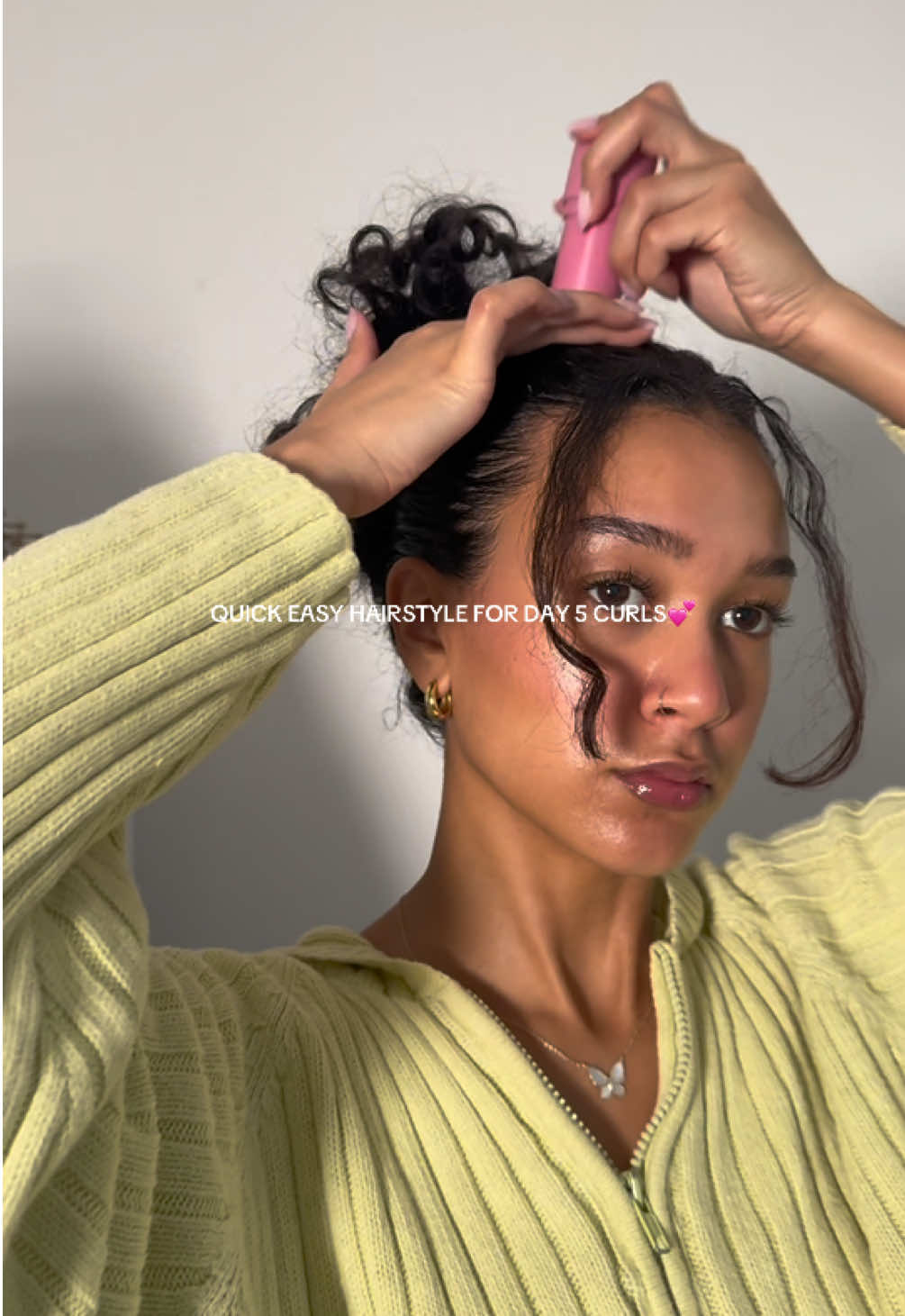 Quick & Easy Hairstyle for Day 5 Curly Hair 🫶🏽 an easy slick back up do for when your hair is a frizzy mess #curlyhair #curlyhairtutorial #curlyhairstyles #hairstyles #curlyupdo #rizoscurls #hairwaxstick #slickback #curlyhairtutorial  #creatorsearchinsights 