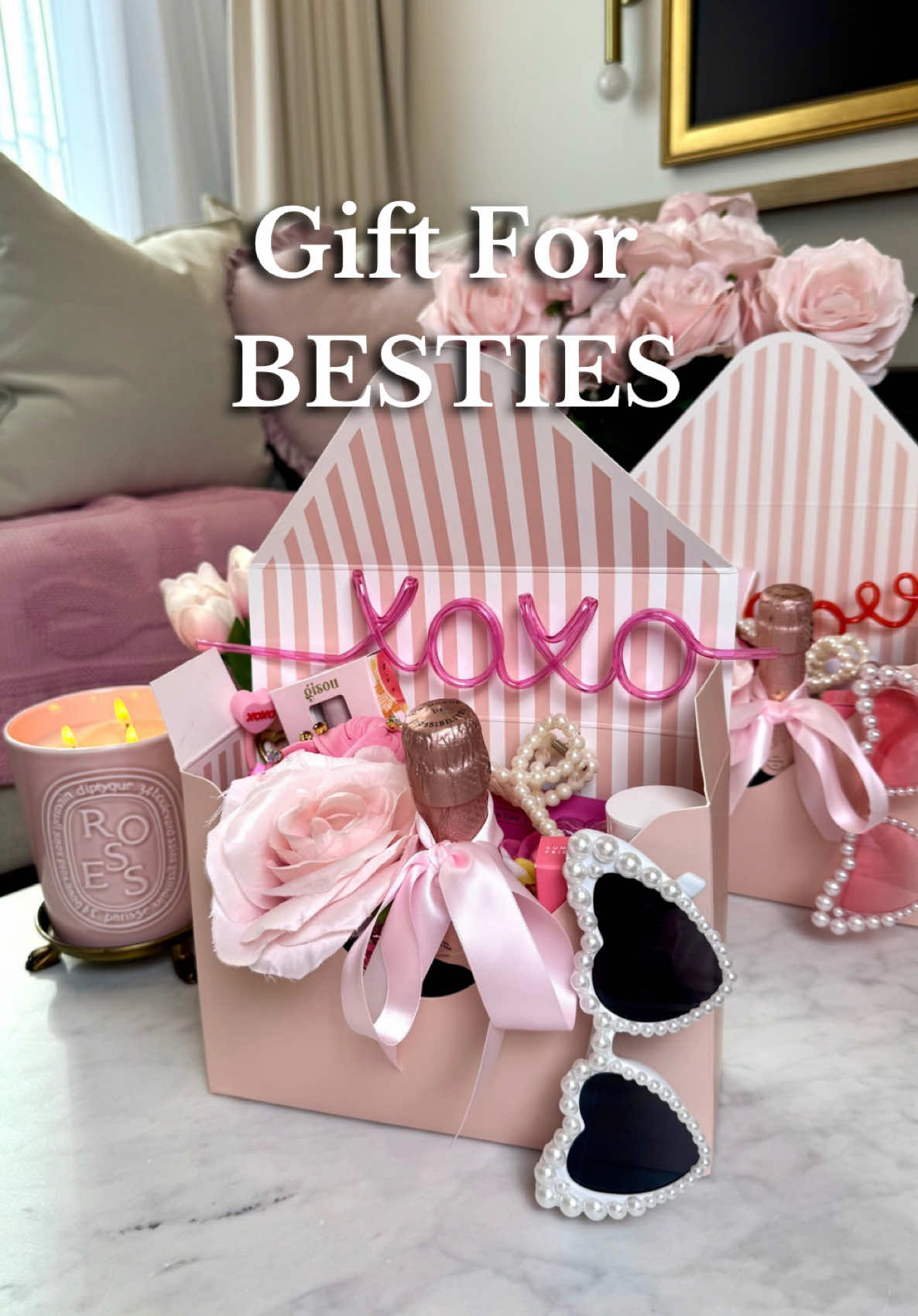 A gift basket for my bestie and another gift for one of you! 💕 #asmr #giftideas #galentinesday #ValentinesDay #valentinesdaygiftideas #sahm #giftforher #giftguide #girlythings #pinkaesthetic 