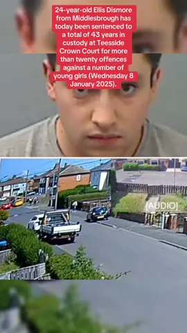 24-year-old Ellis Dismore from Middlesbrough has today been sentenced to a total of 43 years in custody at Teesside Crown Court for more than twenty offences against a number of young girls (Wednesday 8 January 2025). Dismore was convicted in 2023 of the attempted murder of a 15-year-old schoolgirl in Premier Road in Middlesbrough, who he had groomed online. He left threatening and disturbing messages for her family members before carrying out the attack, which left the girl with a number of stab wounds as she got off a school bus and went home. Luckily, a passing motorist intervened and took the girl to the safety of her mother. Following this, Dismore was convicted in November 2024 of a further 16 offences relating to grooming and stalking girls, who were identified as part of an investigation by Cleveland Police following the attempted murder. Dismore used fake online profiles to pose as a teenager and then would incite victims to send him indecent images of themselves, before making threats to share them if they refused his further requests. He had also attempted to meet with them to engage in sexual activity and made threats if they refused.#london #crime_ #policeofficer_ #police👮_ #popular_ #policelife 