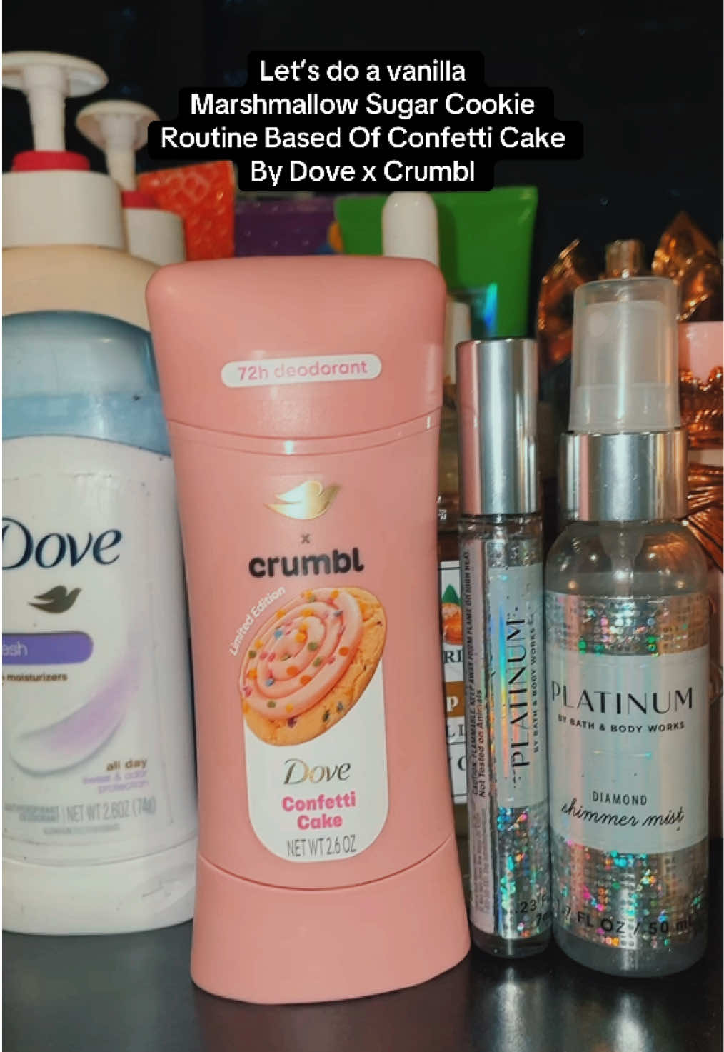 Let’s do a vanilla marshmallow sugar cookie routine based off @Dove Beauty & Personal Care x @Crumbl  10/10  #dove #crumbl #dovexcrumbl #perfume #perfumetiktok #perfumeroutine #showertok #dove #scentnity #sabrinacarpenter #chocomusk #scenttheory #palmerscocoabutter #alrehab @Scentnity  @Scent Theory  @Sabrina Carpenter  @Al Rehab Perfumes 