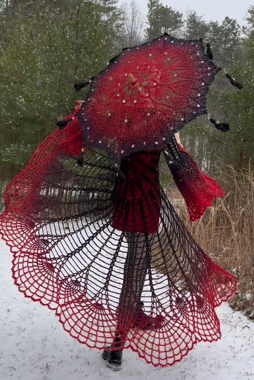 Process vid going up Saturday on my YT. Pattern is my Arachne’s Curse coat available on Etsy (but not w this skirt variation) stockings are my Scream Queen Stockings also on Etsy. Yarn is Hobbii Sultan Shadow. No pattern for the parasol, the hardware is from Umbrella Joan. #crochet #crochetersoftiktok #crocheter #crochettok #crochetdesign #crochetdesigner #crochetlove #crochetaddiction #crochetaddict #fiberart #fiberartistsoftiktok #fiberartist #yarn #yarnlovers #yarntok #goth #gothfashion #gothic #gothtok 