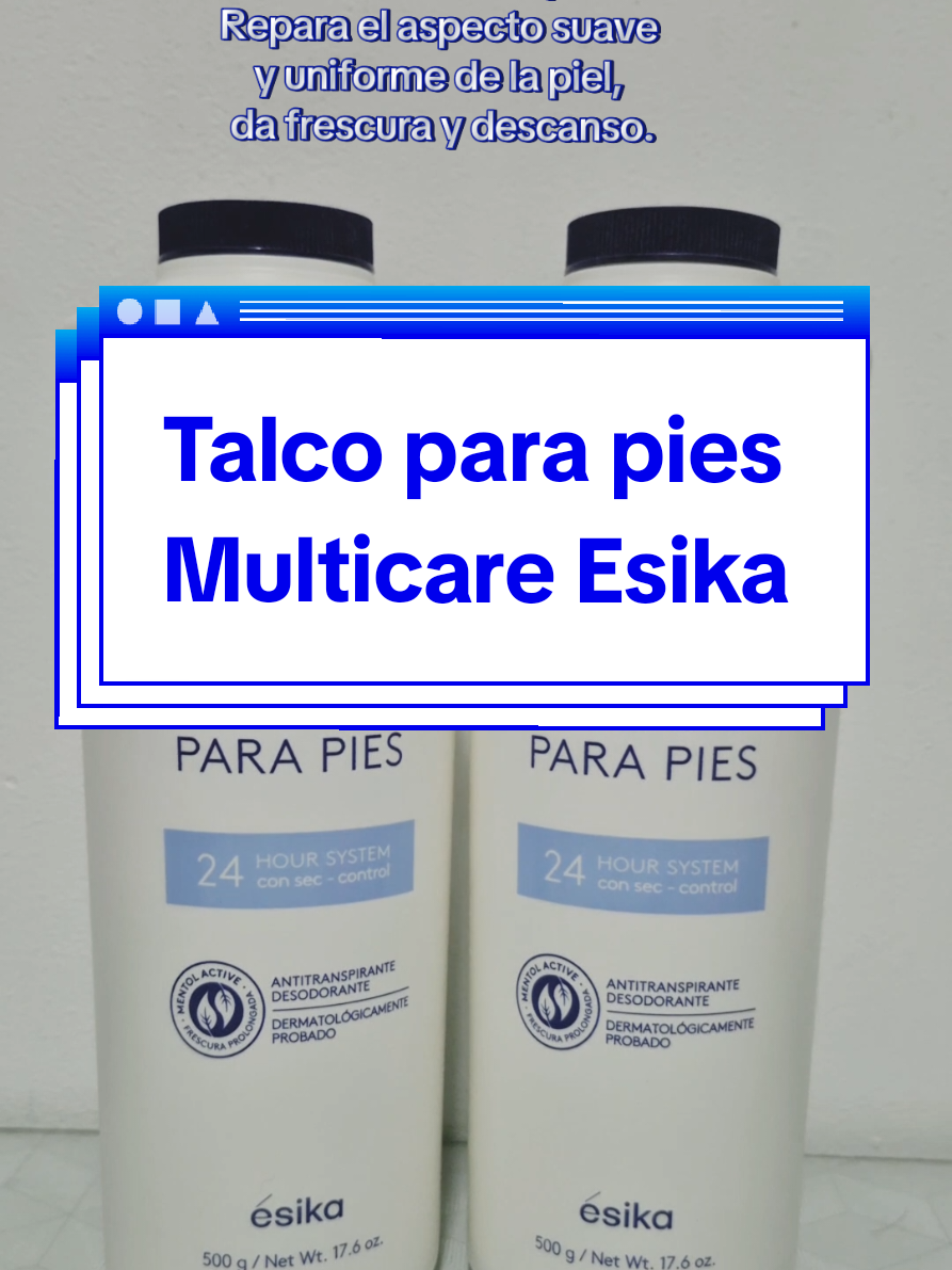 Talco antitranspirante y desodorante para pies, de 500g para toda la familia. Dermatologicamenre probado, da frescura y sensación de descanso. 8/365 #talco#pies#multicare@ésika #desodorante 