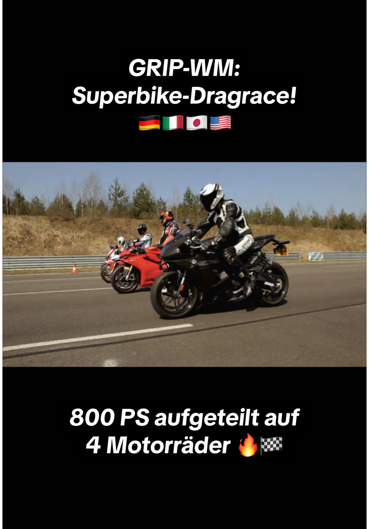 Wer macht das Rennen: BMW S 1000 RR (199 PS) 🇩🇪 vs. Ducati 1299 Panigale S (205 PS) 🇮🇹 vs. Honda CBR Fireplate (181 PS) 🇯🇵 vs. EBR 1190RX (185 PS) 🇺🇸 