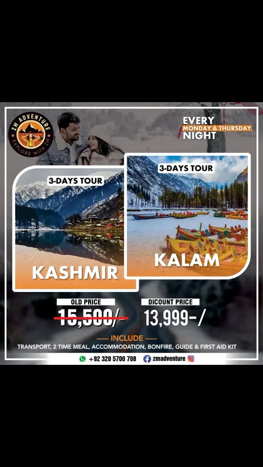 We are presented a 3Day Trip To swat kalam malam jabba & Kashmir neelum arangkel     Perhead Package 13999-/  Couple Package with Sep Room 35,000  only married couple allow  Service Included  (3) Breakfast  (2) Dinner  (2) Night hotel stay  Transportation  all road Expesnes ( Fueling toll tax challan )   Tour Guide  Photography  bonefire music Night  Karachi participate can join us From Lahore / Islamabad  Depature City Lahore’s Islamabad !   For more Information 03205700708 Contact !   #travel #photography #nature #reels #tour #adventure #