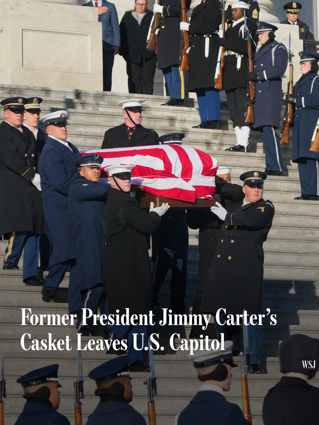 The casket of former President Jimmy Carter was transported to a hearse after lying in state in the rotunda of the U.S. Capitol. The funeral for the 39th president, who died on Dec. 29 at age 100, takes place today at the Washington National Cathedral. 📷: Jeenah Moon/AP