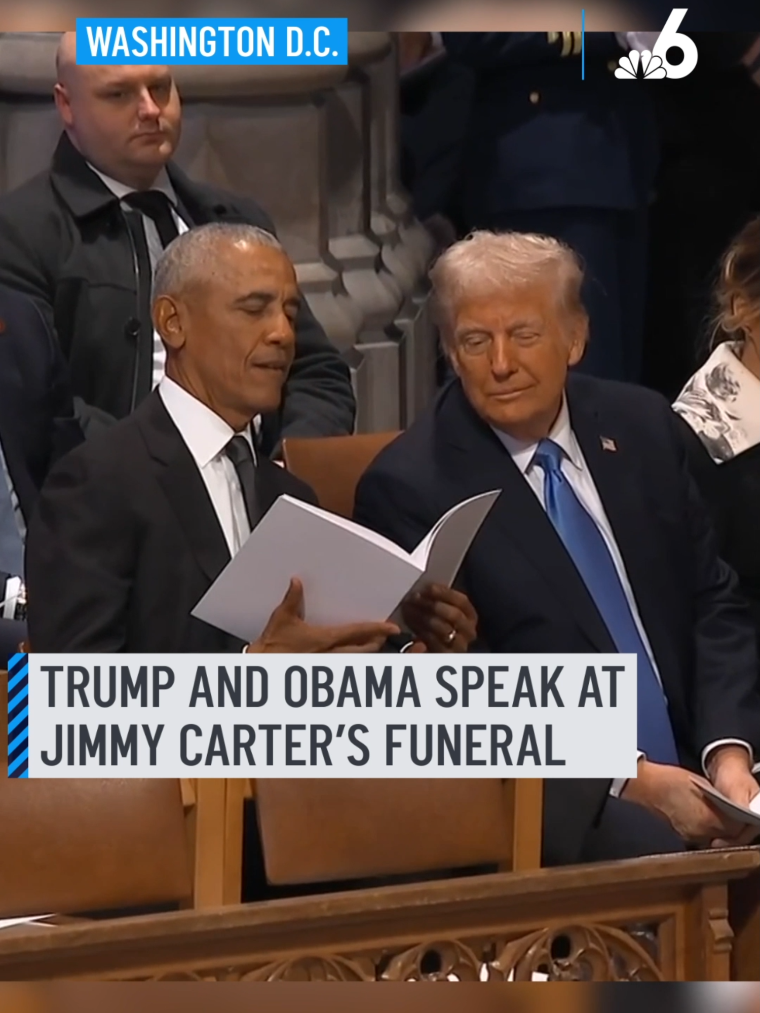 Former President Jimmy Carter—who died last month at the age of 100—will be memorialized in a state funeral Thursday, expected to be attended by all living presidents and marked by a national day of mourning. President-elect Donald Trump and former President Barack Obama—seated next to each other in the pews—appeared to have an engrossing conversation, with Obama laughing several times, a surprising moment for the two rivals. #trump #obama #funeral #jimmycarter