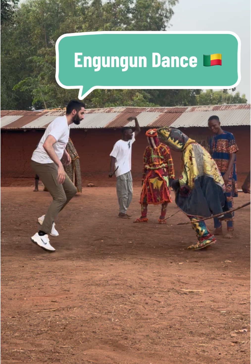 The masked voodoo spirits of the Yoruba-Nago community in Benin🇧🇯  This ceremony is known as Engungun which is usually done after a funeral or during the annual Egungun Festival.  These Egun masks and costumes represent the spirits of the deceased. Note: we were not told to take off our shoes 😅 #benin #westafrica #voodoo 