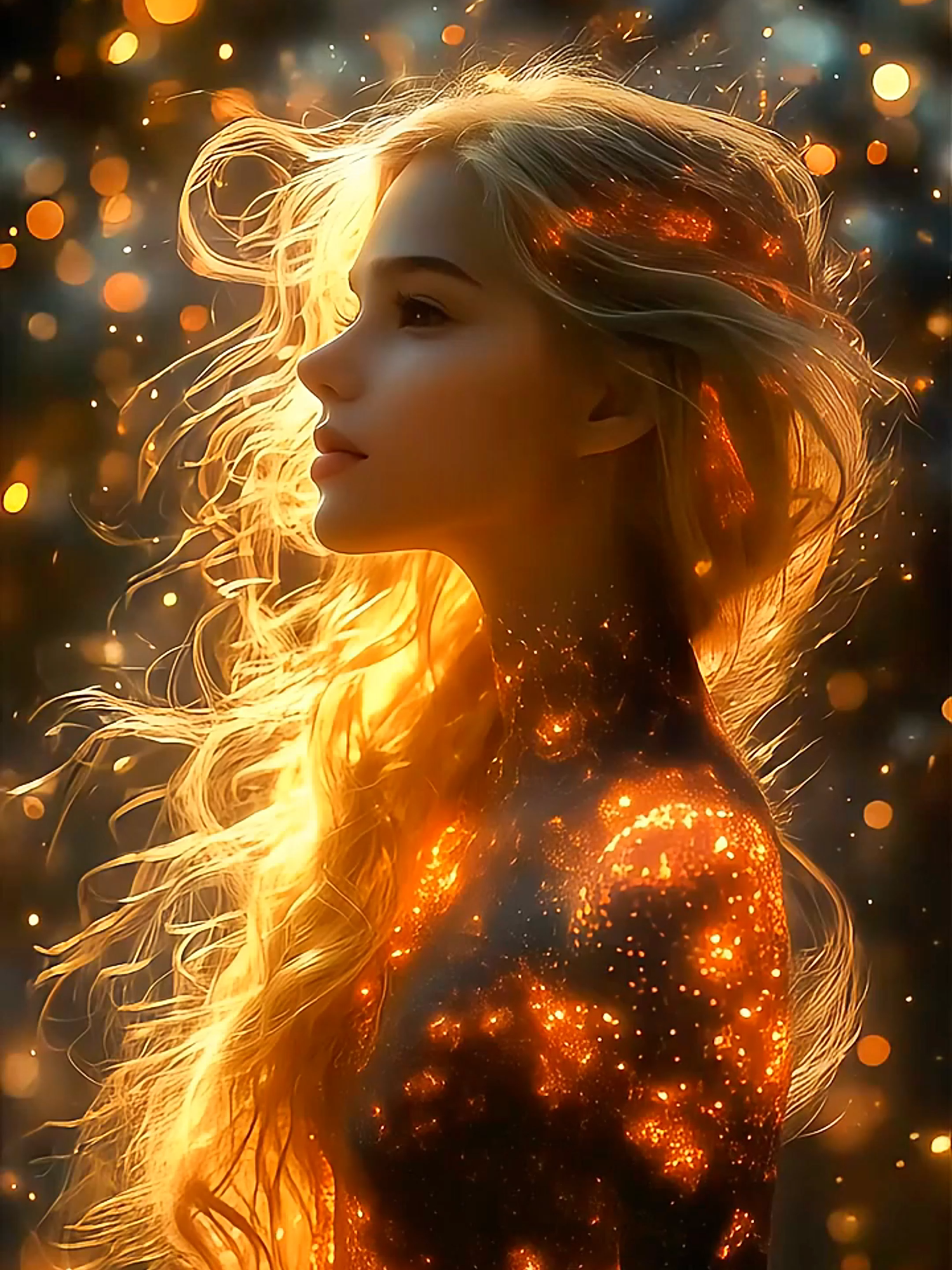 Live Wallpaper 4k :  🌟🔥 Witness the transformation of this woman into a celestial being! Her body shimmers with fiery patterns, resembling the surface of the sun, and her golden hair illuminates the night. A stunning vision of cosmic beauty and power! ✨🌞 #hailuoai #minimax #livewallpaper4k #2025 #girl