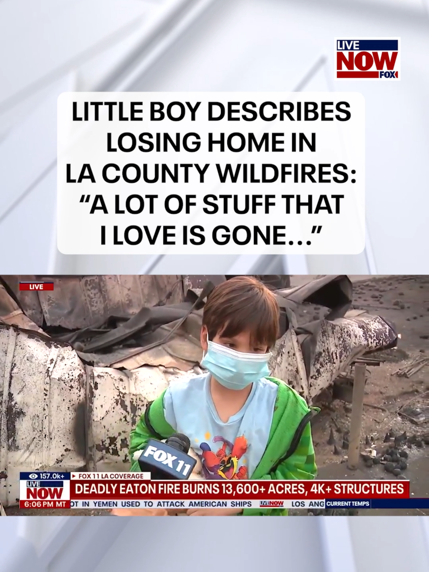 The deadly Eaton Fire has grown to over 13,000 acres and at least 4,000 structures have been damaged or destroyed. The fire was first reported Tuesday in Altadena, California. Some communities are still under evacuation orders, including Pasadena, La Cañada Flintridge, Altadena, and Sierra Madre. FOX 11 LA's Susan Hirasuna spoke with a family returning back to their neighborhood for the first times since the fire. One of the little boys told her that, 