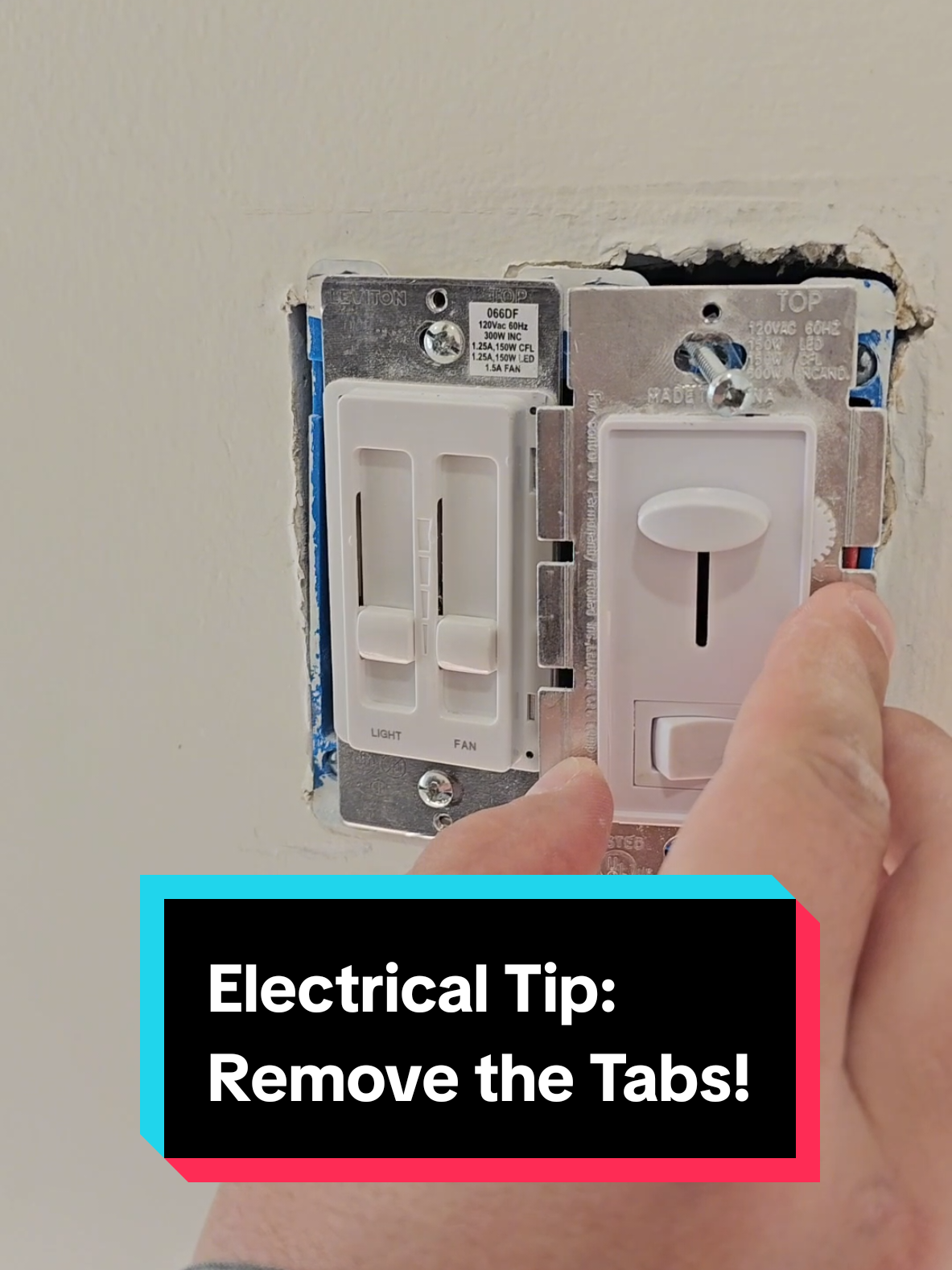 Remove the Tabs on switches when next to other switches in a box! this helps keep the switches flush, aligned and fit perfectly when the plate is installed! #electrical #tips #hints #flush #plates #tabs #removal #contractor #lineman #pliars  @Bobby 