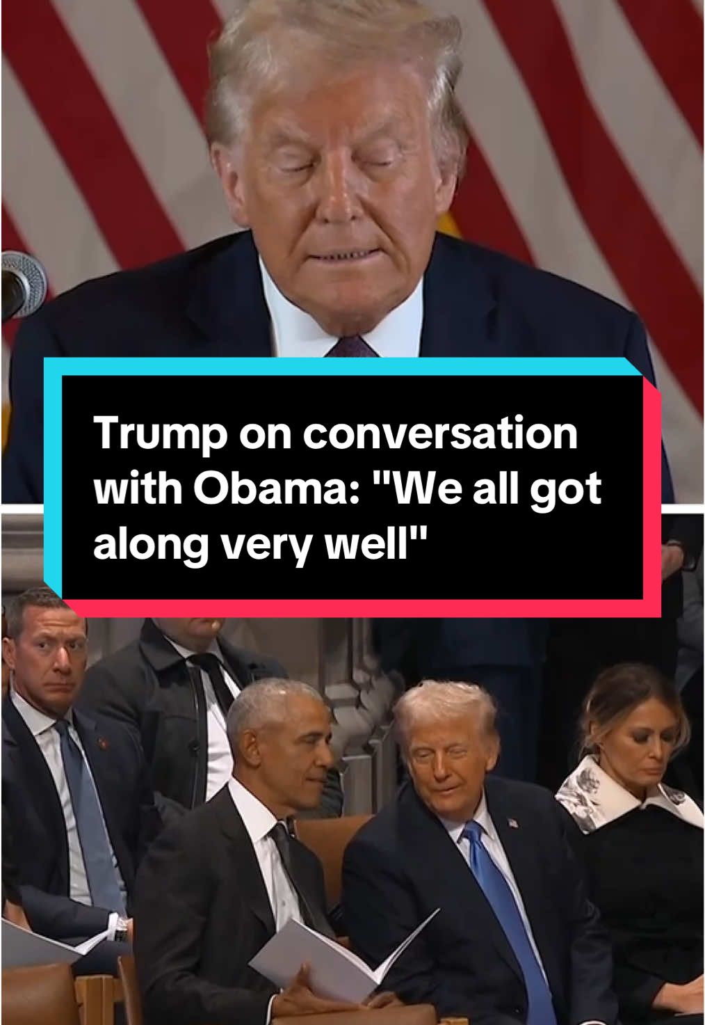 After former President Barack Obama and President-elect Donald Trump were seen chatting at the funeral of former President Jimmy Carter, reporters asked Trump about their conversation. 