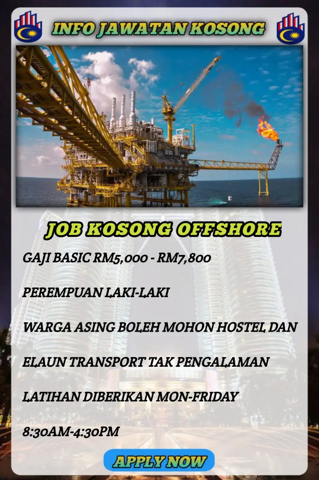 JOB KOSONG OFFSHORE GAJI BASIC RM5,000 - RM7,800 PEREMPUAN LAKI-LAKI WARGA ASING BOLEH MOHON HOSTEL DAN ELAUN TRANSPORT TAK PENGALAMAN LATIHAN DIBERIKAN MON-FRIDAY 8:30AM-4:30PM APPLY NOW #jawatankosong #jawatankosongmalaysia #jawatankosongterkini #malaysiatiktok #terkini #jawatankosongterkini #fyp 