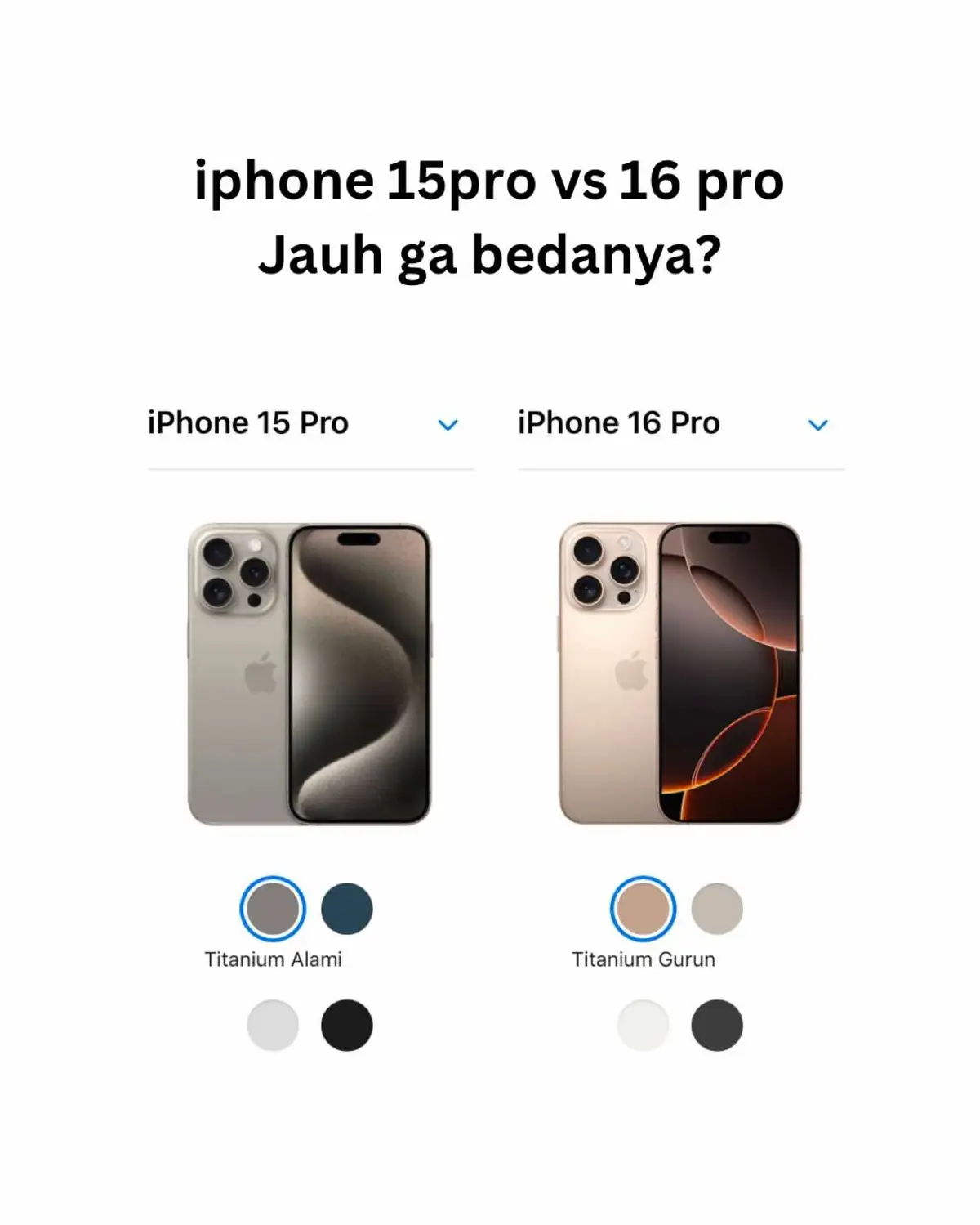 Jauh banget gak bedanya? #iphone #iphone16 #iphone16pro #iphonel6colors #naturaltitanium #desserttitanium #whitetitanium #blacktitanium #ultramarine #teal #pink #white #black #iphonefeatures #compareiphone  