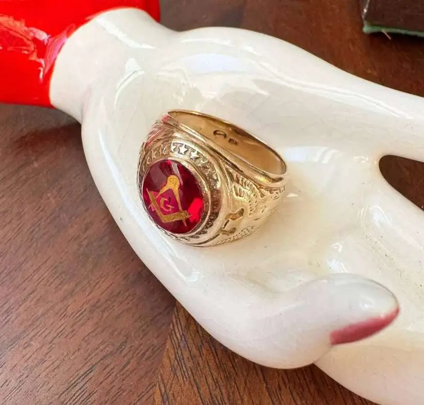 For sale Price  $260 Size 5-15 A beautiful.brilliant 10k yellow gold Masonic ring with gorgeous details! It features a dazzling ruby red stone! It tested as ruby from the estate but is likely lab created. It's marked 10k and is from the Art Deco era. #fypp #fy #fyp #fyyyyyyyvyvyvyvyy #fypシ #fypシ゚ #fypシ゚viral #fypage #fyppppppppppppppppppppppp #fyyyyyyyyyyyyyyyy #fyppppppppppppppppppppppppppppppppppp #capcut #fypppppppppppppppppppppp #Happy 