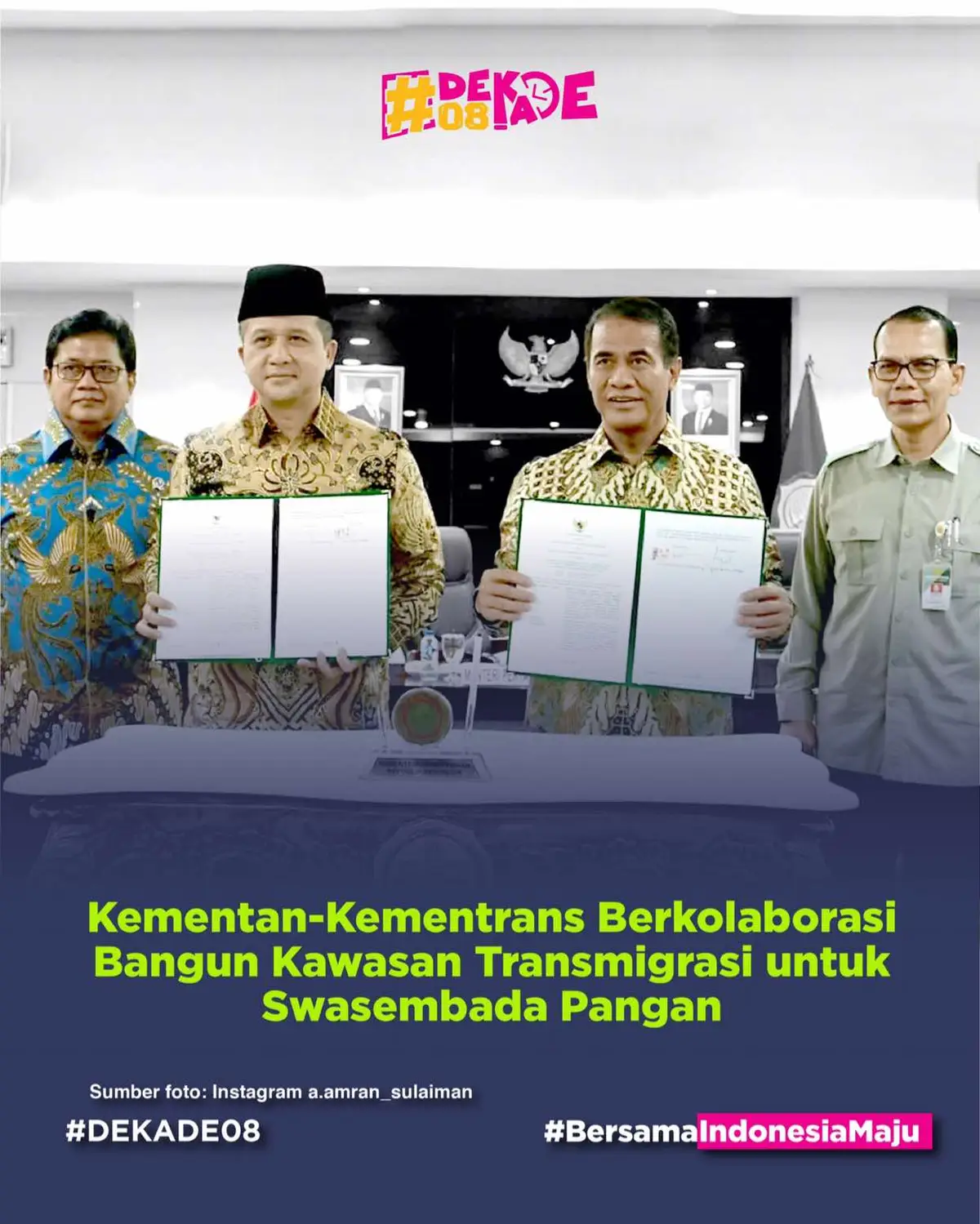 Menteri Pertanian Andi Amran Sulaiman dan Menteri Transmigrasi M Iftitah Sulaiman menandatangani kesepakatan strategis untuk pembangunan, pengembangan, dan pemberdayaan di kawasan transmigrasi secara terintegrasi. #presidenprabowo #menteripertanian #menteritransmigrasi #mentan #swasembadapangan #prabowosubianto #indonesiamaju #indonesiaemas #dekade08