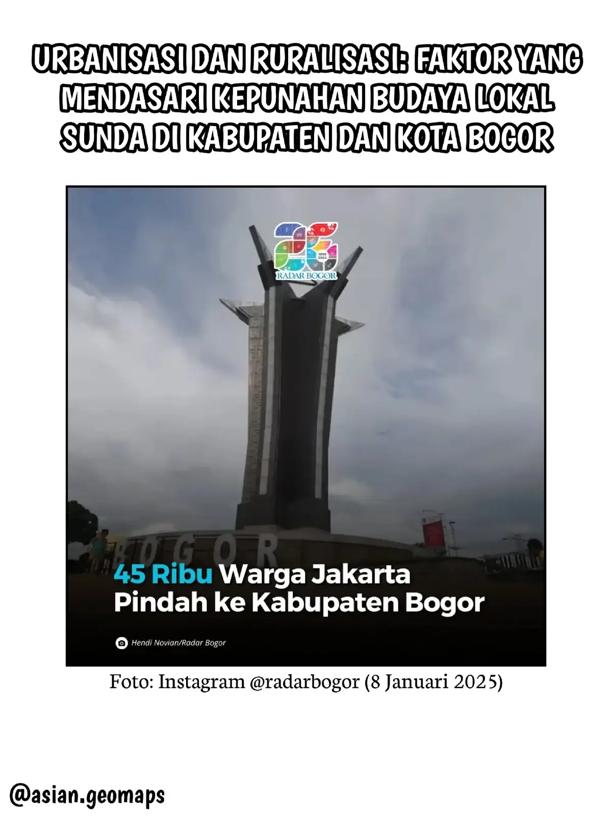 Penggunaan bahasa Sunda di Bogor (Kabupaten dan Kota) oleh beberapa pihak dinilai semakin menurun, atau kedepannya mungkin bisa menghadapi kepunahan. Maka dari itu kami mengajak wargi Bogor agar melestarikan bahasa dan budaya Sunda lokal di tanah Pajajaran ini. #Nusantara #Indonesia #Bogor #Cibinong #Parung #Jakarta #Betawi #Sunda #Sundanese #JawaBarat #WestJava #Urbanisasi #UrangSunda #BahasaSunda #Cileungsi #Bojonggede #Pajajaran #Pasundan #Cisarua #Ciawi #Fyp 