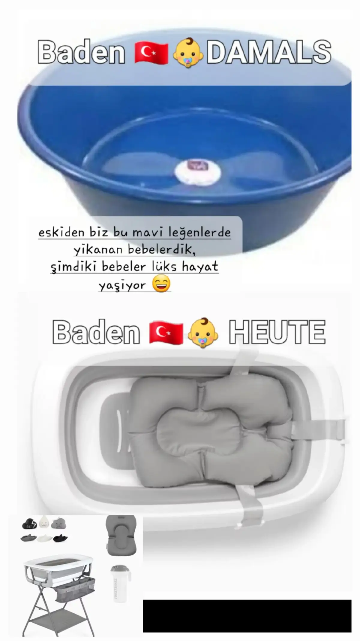 Früher hat man in Wasserwannen (wie die Blaue auf dem Bild) gebadet und die heutigen Babys bekommen Luxus Badewannen. 😄 heey gidi eski gzl zmnlar. 😜☺️  kimler bu eskileri hatirlatan mavi leğende yıkanarak büyüdü ?:) #bebek #eskiler #türkiye  #türkiye🇹🇷 #viral_video #viralvideos #fy #komik #deutschtürkisch #baby #baden #frühervsheute #cilgin 