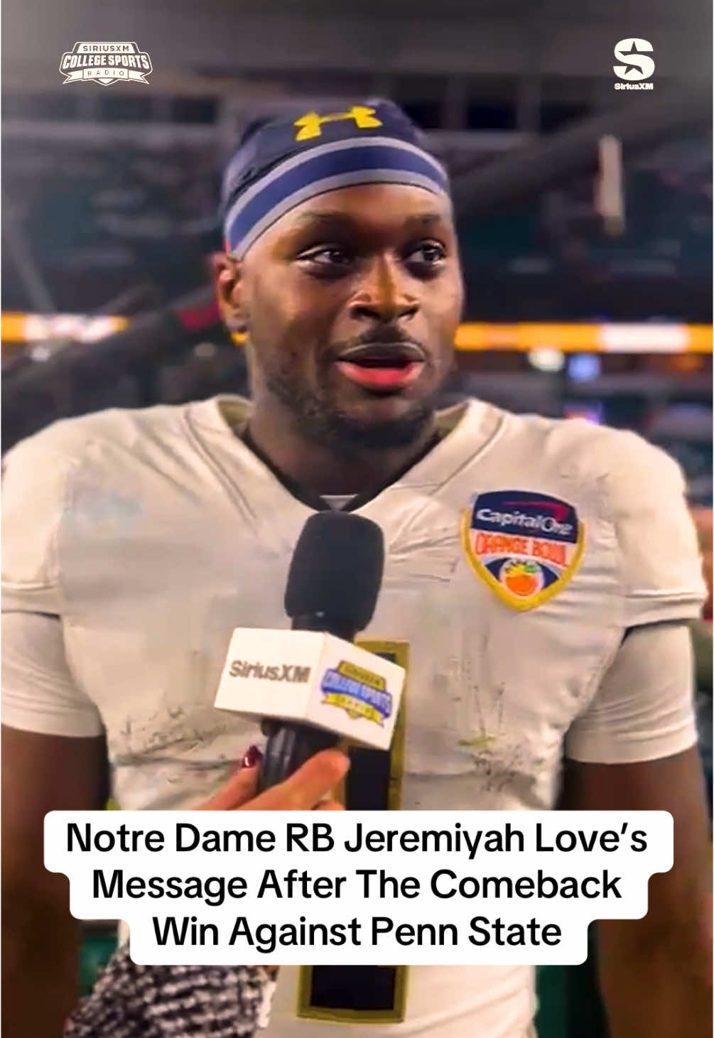 Running back Jeremiyah Love came into the Orange Bowl injured, but is now headed to the National Championship after  Notre Dame’s comeback victory against Penn State #football #CollegeFootball #notredame 