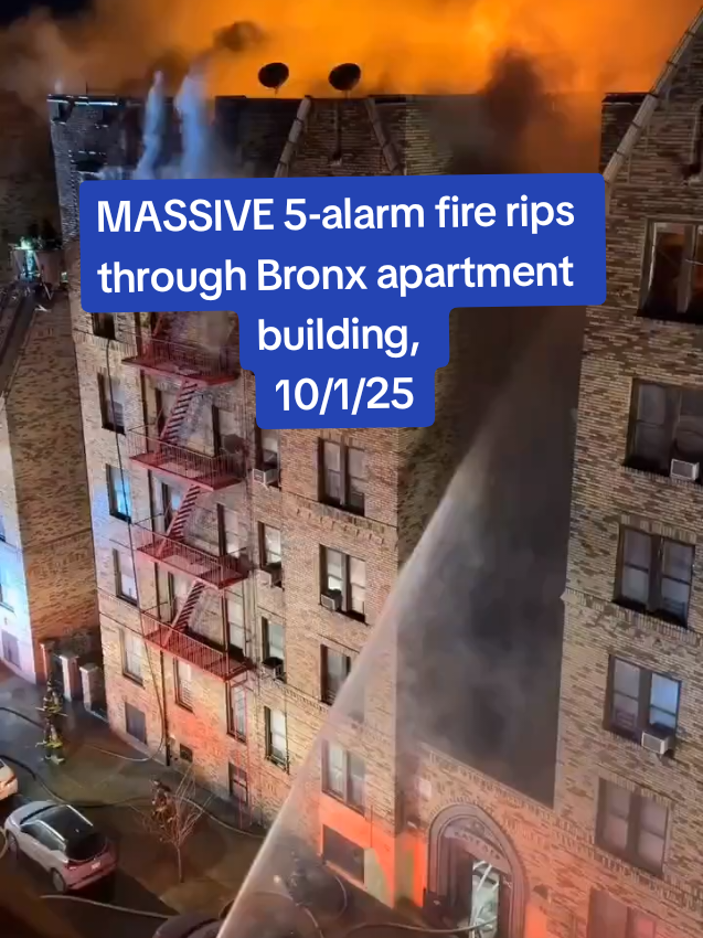 MASSIVE 5-alarm fire rips through Bronx apartment building, leaving 7 injured as nearly 200 firefighters battle flames fueled by heavy winds. #Bronx #NYCfire #Fire #WallaceAvenue 