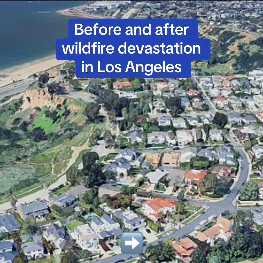 Heartbreaking images show what the Pacific Palisades area of Los Angeles looked like before and after it was devastated by wildfires. 💔 📷 Black Belts / BACKGRID / Anadolu via Getty Images / AFP via Getty Images  #fire #wildfire #losangeles #pacificpalisades 