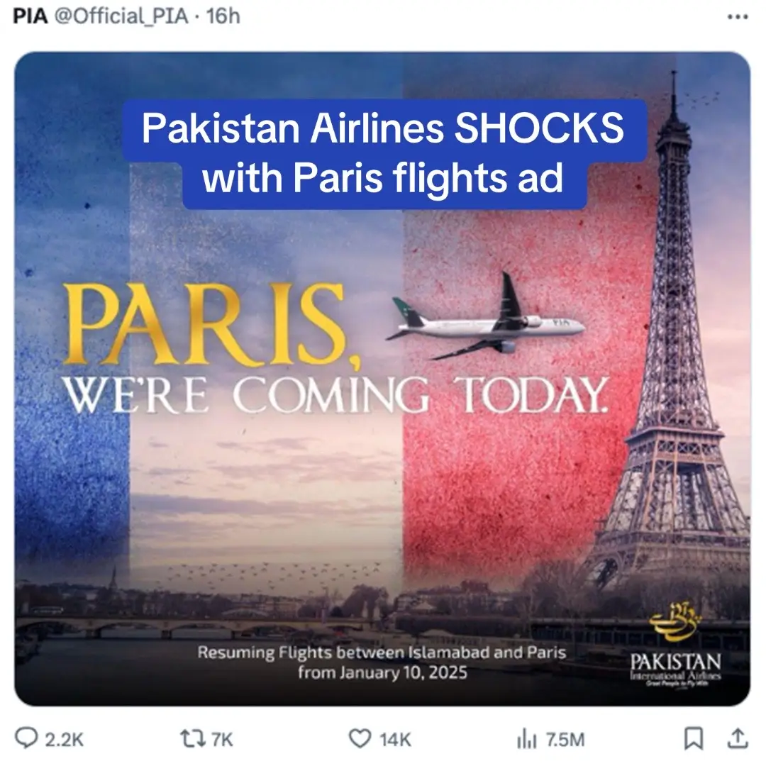 Pakistan Airlines has resumed flights to Europe following a four-year ban, announcing the news with an ad showing a plane flying towards the Eiffel Tower. But many think the ad is a little too reminiscent of the 9/11 attacks. 😬 What do you think? 🤔 📷 X / Official_PIA  #news #pakistan #europe #flight #paris 