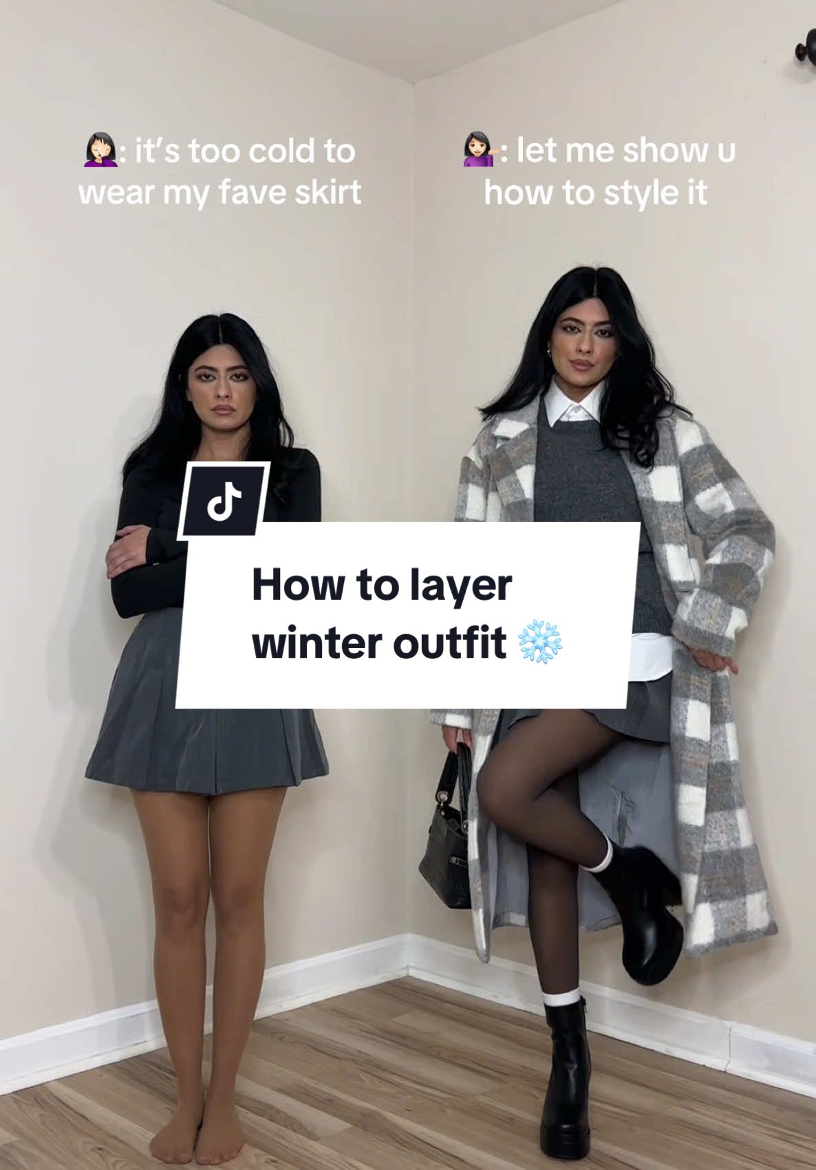 Let me show you winter layering hacks before tiktok is taken away from us 🥲. **Ps - follow @mariambela_ on IG for more fashion content!  Start with a pleated mini skirt and double up on tights (fleece lined tights are a must for winter.) Steal your man’s shirt 🤭 (white button down is such a versatile piece and is perfect for layering.) Add a cozy cardigan or sweater (texture is key.) Finish the outfit with a statement coat and killer boots ✨❄️ #fashionhacks #howtostyle #miniskirt #layer #winteroutfit #winterfashion #outfitideas #styletips #whattowear