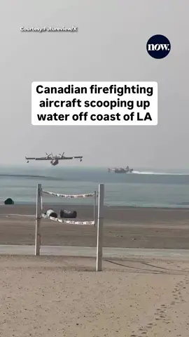 Ever wondered how Canadian water bombers work? Here's a 'Super Scooper' collecting water off the coast of Los Angeles to help battle wildfires in California. #lafires #losangeles