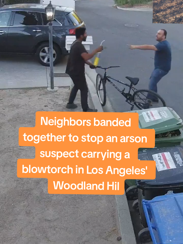 Neighbors banded together to stop an arson suspect carrying a blowtorch in Los Angeles' #WoodlandHills neighborhood as the #Kennethfire blazed nearby. #LosAngeles #LosAngeleswildfire #eatonfire #palisadesfire #wildfire 