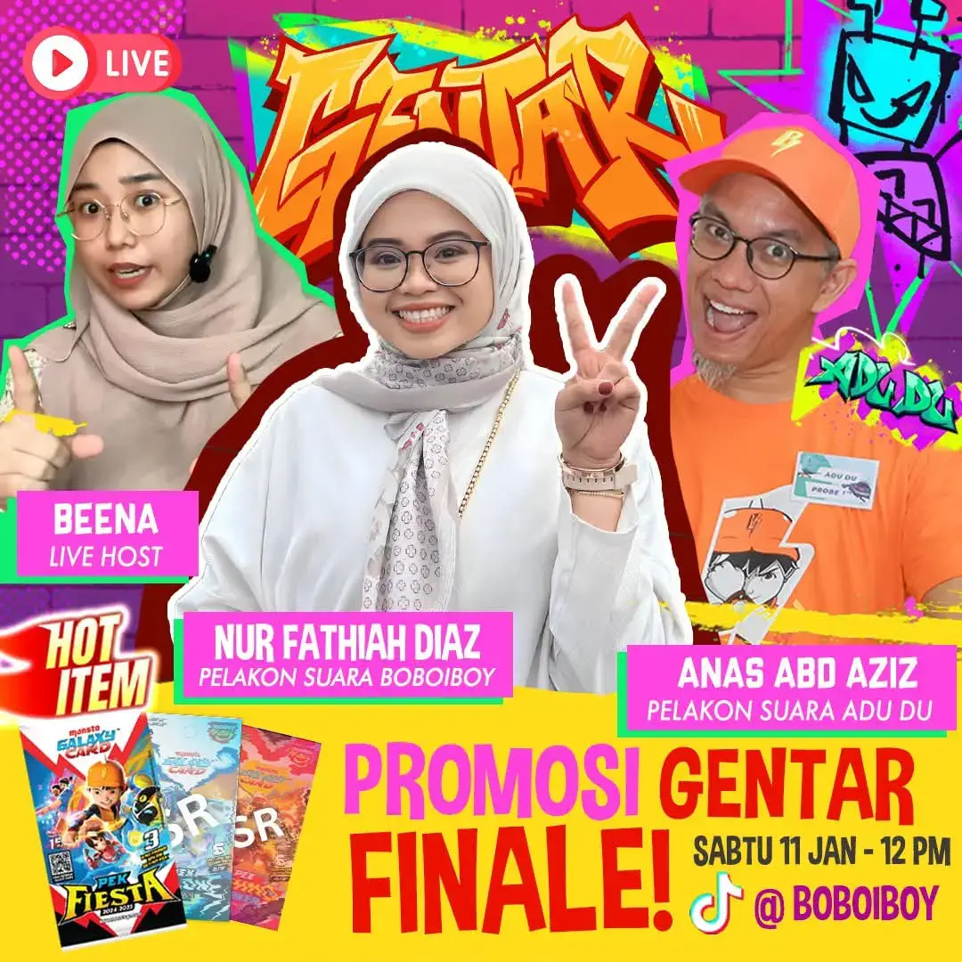 📢 Tiktok 🔴LIVE hari ini, 12 tengah hari! ⭐️TECHNO BREAKER KAD SR⭐️ yang terlalu SETERONG hanya di sini! Jom grab cepat² dengan BUNDLE² SUPER EKSKLUSIF sempena episod finale‼️🥳 ⭐️ FREE PEK SR TECHNO BREAKER & PEK FIESTA! ⭐️ Banyak freebies & vouchers siap untuk dipakai! ⭐️ Promosi FINALE GENTAR hanya di Tiktok Live #BoBoiBoy! #MONSTA #Mechamato #PapaPipi #GalaxyCard #Shopping