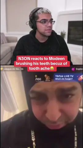 N3ON reacts to Modeen brushing his teeth becuz of tooth ache😂 #arab #modeen #jokes #british #uk #n3on #reacts #goviral #fyp #n3onclips #trending 