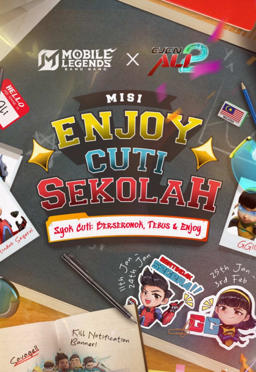 ❗️ATTENTION EJENS❗️ Ready for action❓ 🎮🤩 Let’s battle on with Ejen Ali this school holidays! ✨ Join the Mobile Legends : Bang Bang & Ejen Ali collaboration now!  Let’s get the party started and redeem exclusive Ejen Ali & Ejen Alicia emote, as well as Kill Banner! 🕺🏻 ACT IMMEDIATELY❗️🤜🏻💥🤛🏻 . ❗Event begins 11 January 2025 and is exclusive to Malaysia players only❗ . #MisiCutiMLBB #MLBBxEjenAli #EjenAli  #MobileLegendsBangBang #MLBB #eatm2 #ejenalithemovie2