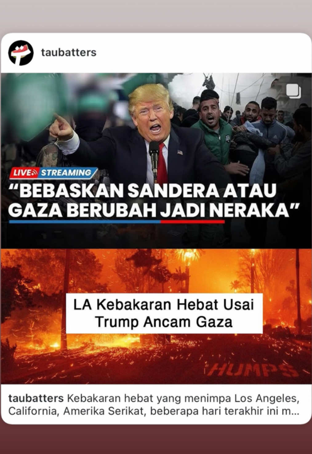 Enggak harus nunggu selama Gaza untuk meluluh lantakkan LA, jd.. ngancam mau buat Gaza seperti Neraka, artinya.. beliau tau adanya Neraka di hari Akhir.. bersiaplah #karmageddon #LA #hollywood #california #wildlifere #kebakaran 